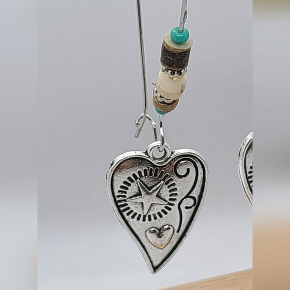 Engraved Heart Silver Dangle Earrings Turquoise Beaded Western Boho Jewelry NWT - Picture 2 of 6